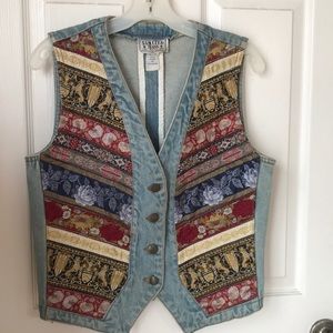 Jean vest with inlaid fabric/ribbon.